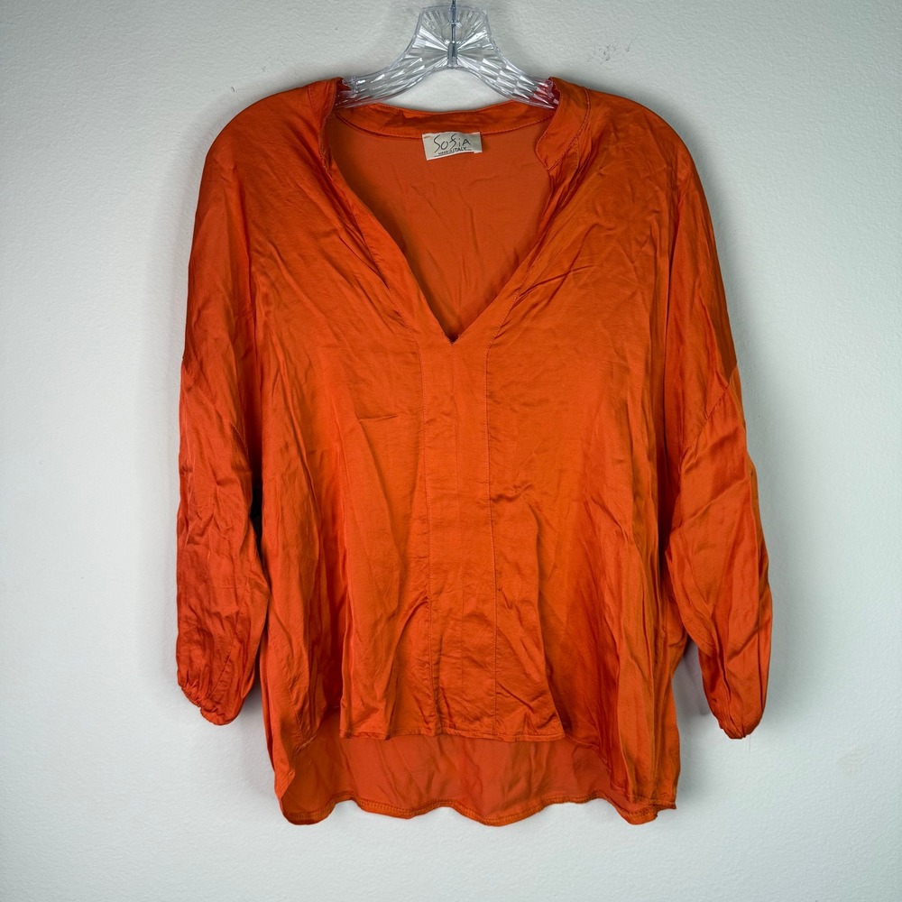 Sofia Blouse Womens M Orange V-Neck Made in Italy Rayon Viscose Long Sleeve Top